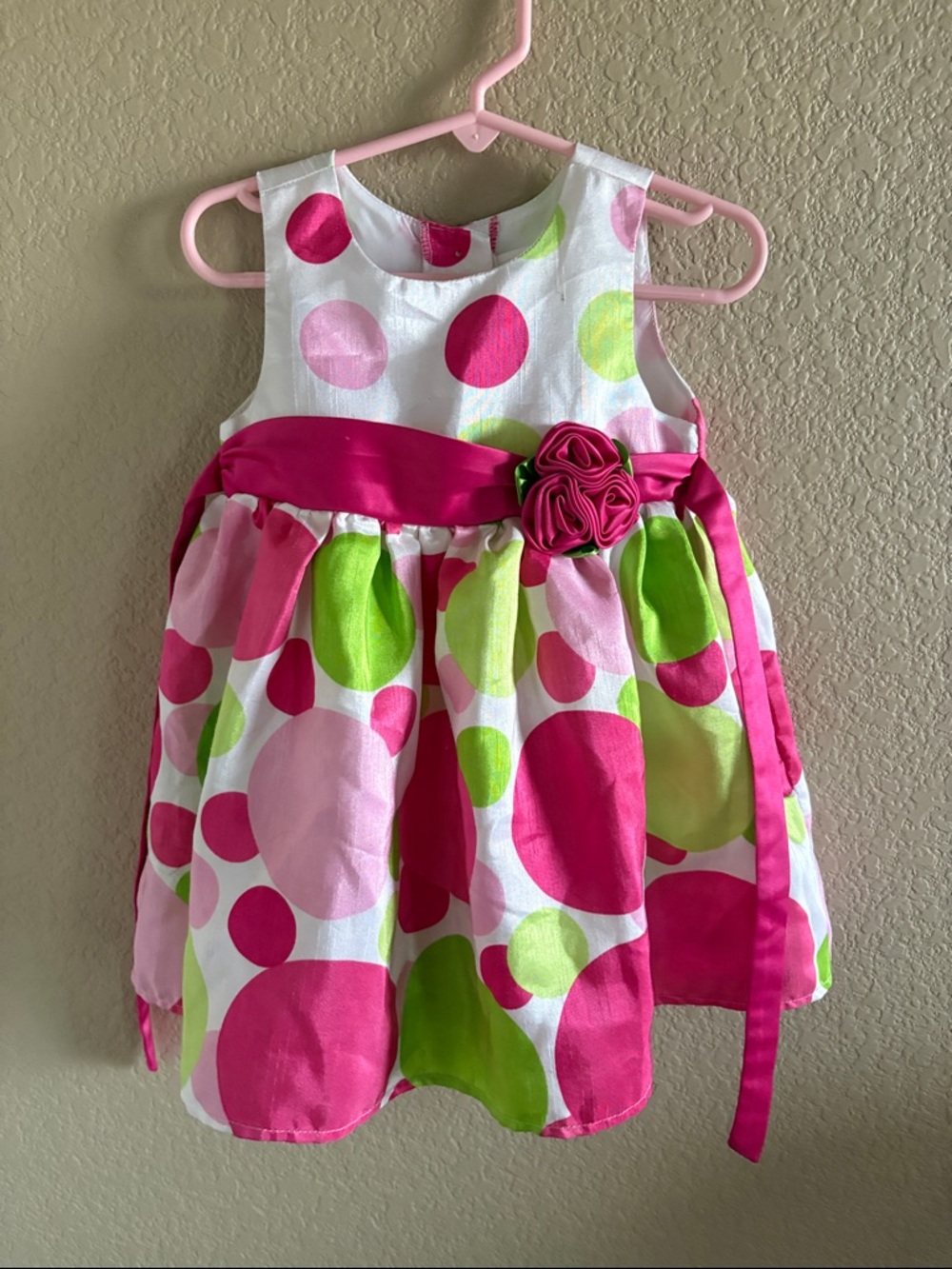 Rare Editions Pink, Lime & White Polka Dot Formal Dress